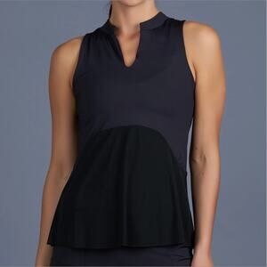 NEW Denise Cronwall Sleeveless Tennis Golf Top Navy Mesh Hem Women’s Large